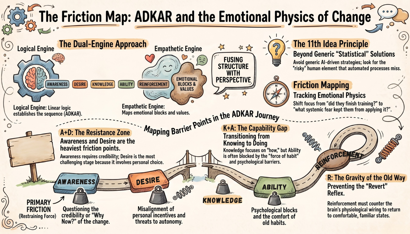 Infographic titled The Friction Map: ADKAR and the Emotional Physics of Change. It shows a Logical Engine mapping the ADKAR sequence of Awareness, Desire, Knowledge, Ability, and Reinforcement alongside an Empathetic Engine mapping emotional blocks and values. A bridge diagram tracks friction at each stage: Awareness and Desire form the Resistance Zone, where awareness requires credibility and desire is the hardest stage because it involves personal choice. Knowledge and Ability form the Capability Gap, where knowledge covers the how but ability is blocked by habit and psychological barriers. Reinforcement is labeled the Gravity of the Old Way, needing to counter the pull to revert to familiar habits.